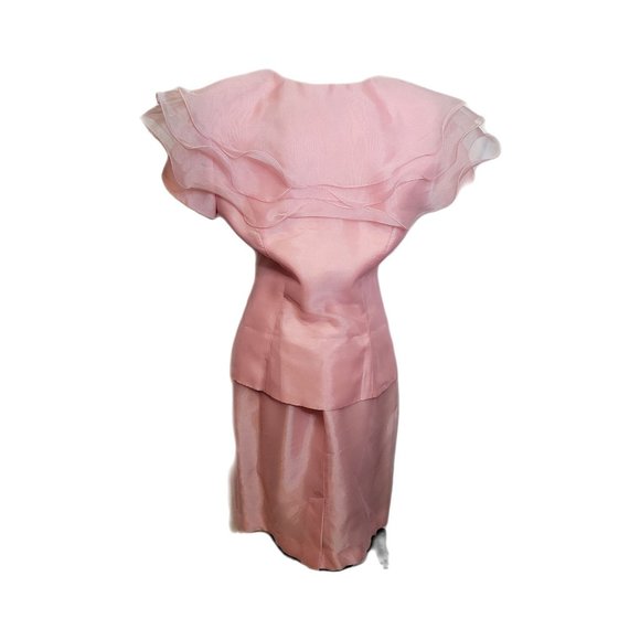 Formal Skirt Top Set 2 Pieces Pink Ruffle Polyester Acetate Bling Vintage 80s Al - Picture 7 of 12